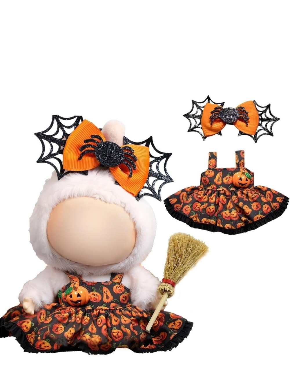 Labubu Halloween Pumpkin Dress with Spider Bow Headband-NWT!